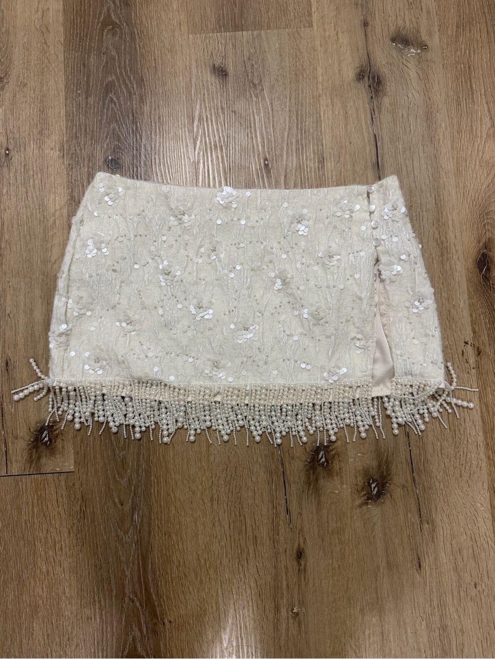 Dippin' Daisy's Cream Pearl & Sequin Fringe Mini Skirt